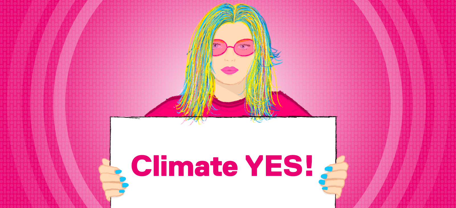 Illustration of a young woman holding a sign written "Climate YES"
